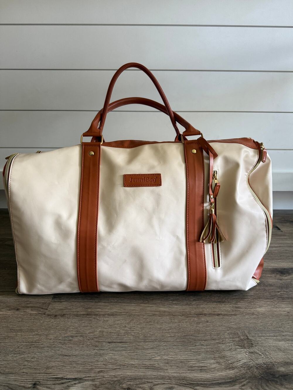 JenniBag Vegan Leather Weekender Carry On Tote Brown